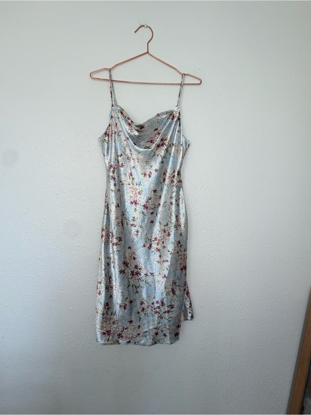 BCBGeneration Light Blue Floral Satin Midi Slip Dress